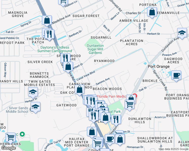map of restaurants, bars, coffee shops, grocery stores, and more near 928 Canal View Boulevard in Port Orange
