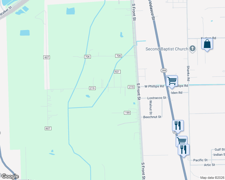 map of restaurants, bars, coffee shops, grocery stores, and more near 416 County Road 219 in Angleton