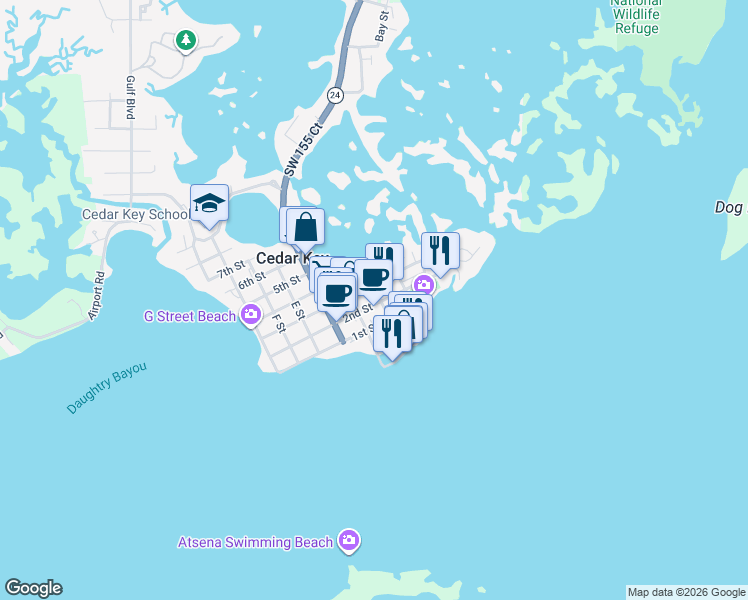 map of restaurants, bars, coffee shops, grocery stores, and more near 373 2nd Street in Cedar Key