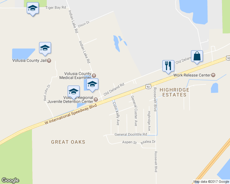 map of restaurants, bars, coffee shops, grocery stores, and more near 3776 West International Speedway Boulevard in Daytona Beach