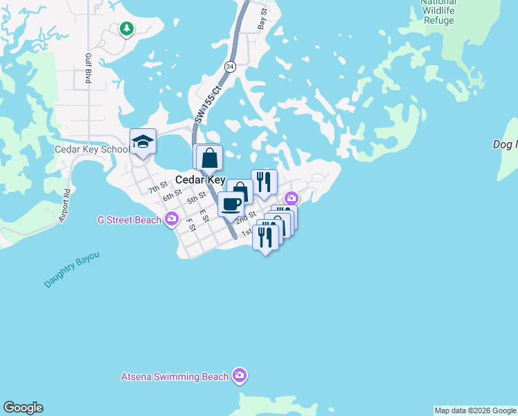 map of restaurants, bars, coffee shops, grocery stores, and more near 373 2nd Street in Cedar Key
