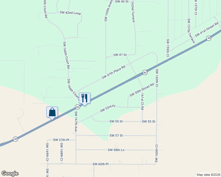 map of restaurants, bars, coffee shops, grocery stores, and more near 16195-16697 State Highway 40 in Ocala
