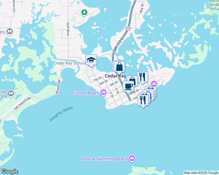 map of restaurants, bars, coffee shops, grocery stores, and more near 5040 E Street in Cedar Key