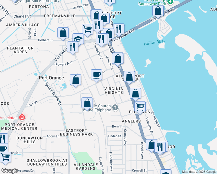 map of restaurants, bars, coffee shops, grocery stores, and more near 409 Jefferson Avenue in Port Orange