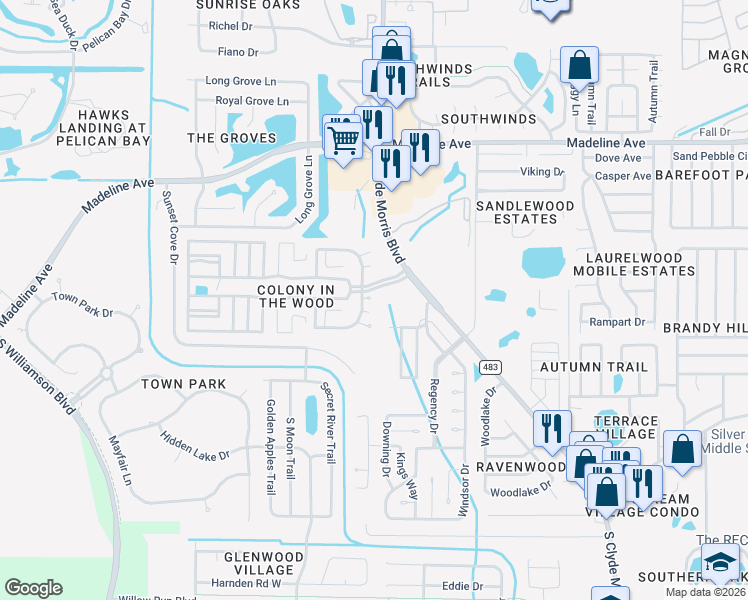 map of restaurants, bars, coffee shops, grocery stores, and more near 79 Maple in the Wood in Port Orange