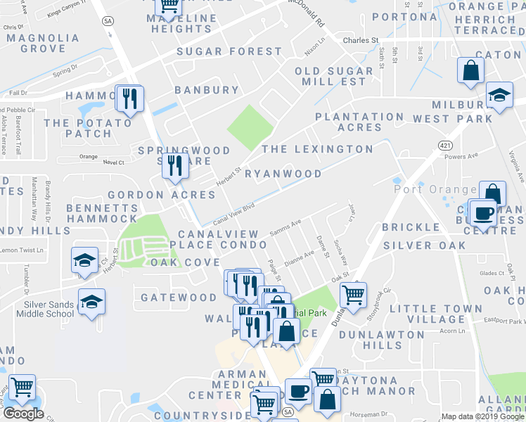 map of restaurants, bars, coffee shops, grocery stores, and more near 928 Canal View Boulevard in Port Orange