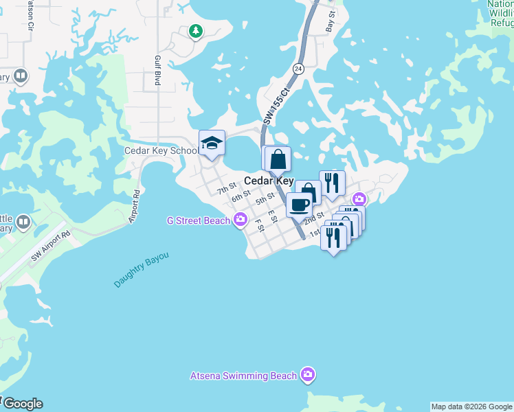 map of restaurants, bars, coffee shops, grocery stores, and more near 5040 E Street in Cedar Key