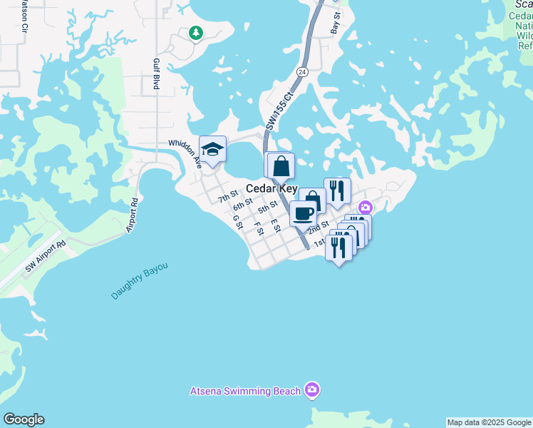 map of restaurants, bars, coffee shops, grocery stores, and more near 5040 E Street in Cedar Key
