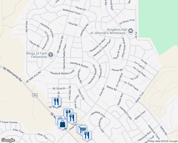 map of restaurants, bars, coffee shops, grocery stores, and more near 52 Hemlock Radial in Ocala