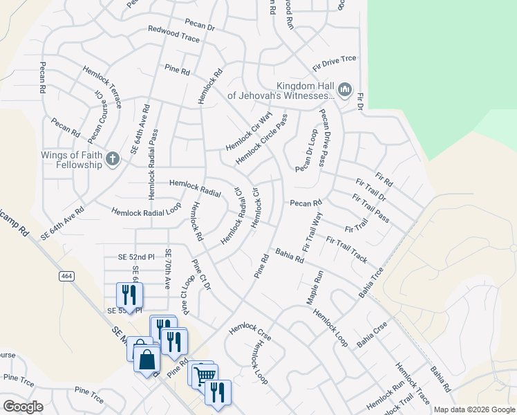 map of restaurants, bars, coffee shops, grocery stores, and more near 36 Hemlock Circle in Ocala