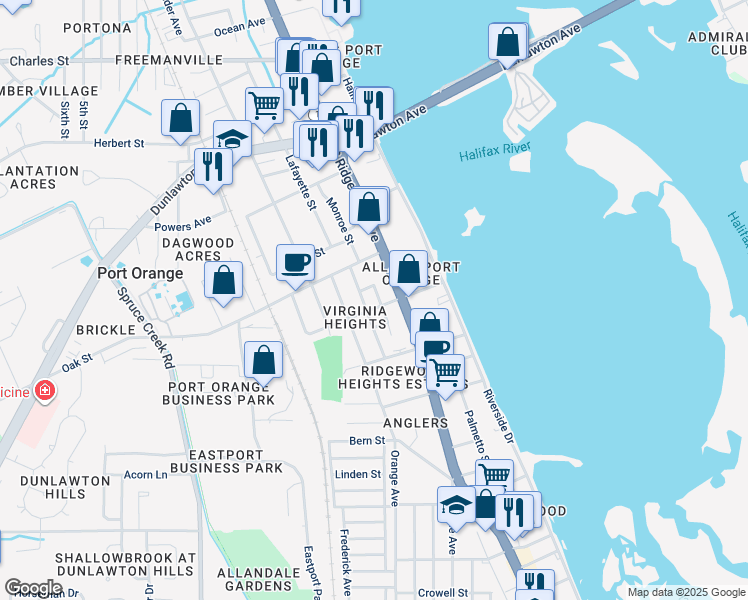 map of restaurants, bars, coffee shops, grocery stores, and more near 4590 South Ridgewood Avenue in Port Orange
