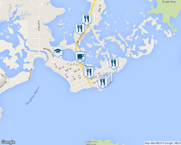 map of restaurants, bars, coffee shops, grocery stores, and more near 509 3rd Street in Cedar Key