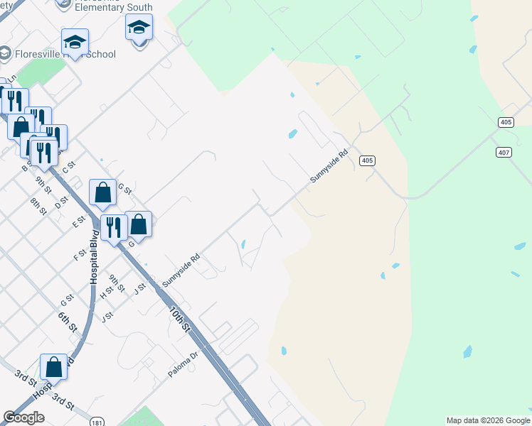 map of restaurants, bars, coffee shops, grocery stores, and more near County Road 405 in Floresville