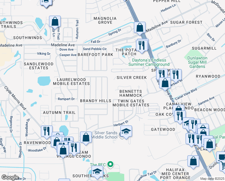 map of restaurants, bars, coffee shops, grocery stores, and more near 1150 Meditation Loop in Port Orange