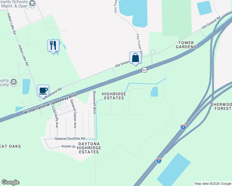 map of restaurants, bars, coffee shops, grocery stores, and more near 3672 General Marshall Road in Daytona Beach