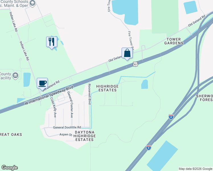 map of restaurants, bars, coffee shops, grocery stores, and more near 3672 General Marshall Road in Daytona Beach