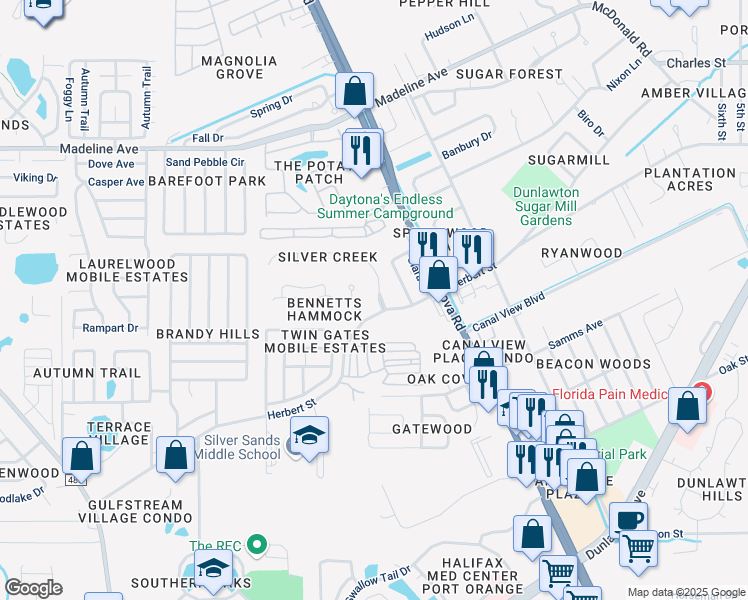map of restaurants, bars, coffee shops, grocery stores, and more near 1101 Silver Creek Run in Port Orange
