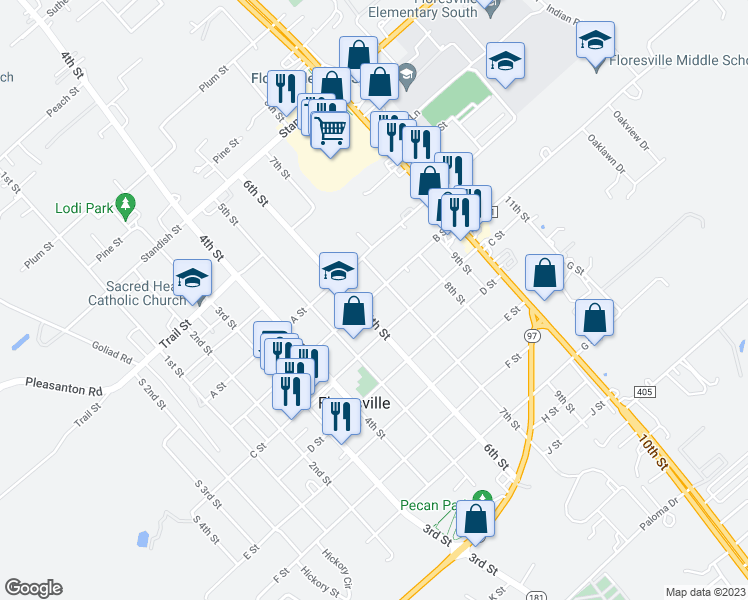 map of restaurants, bars, coffee shops, grocery stores, and more near 1406 B Street in Floresville