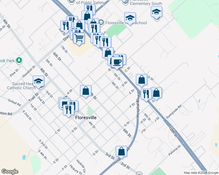 map of restaurants, bars, coffee shops, grocery stores, and more near 1510 C Street in Floresville