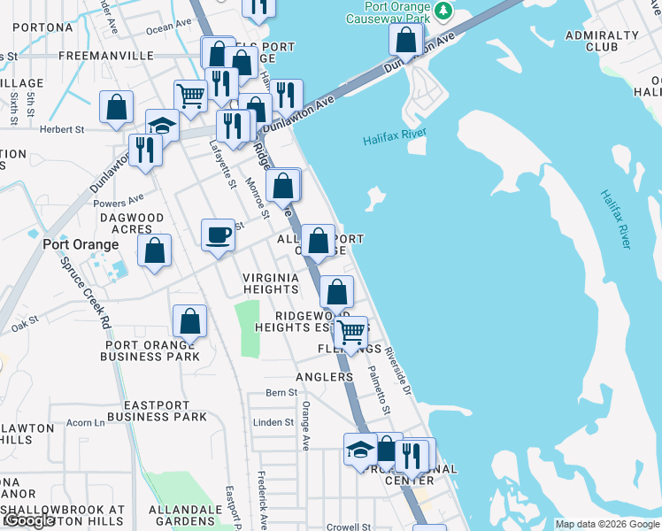 map of restaurants, bars, coffee shops, grocery stores, and more near 112 Fox Place in Port Orange
