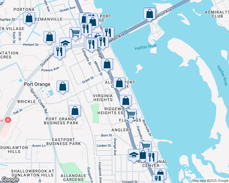 map of restaurants, bars, coffee shops, grocery stores, and more near 4590 South Ridgewood Avenue in Port Orange
