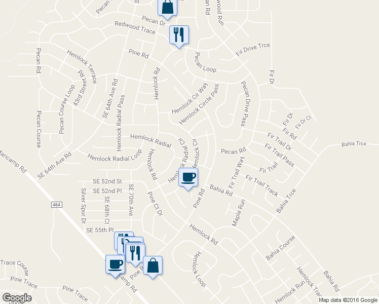 map of restaurants, bars, coffee shops, grocery stores, and more near 27 Hemlock Radial Circle in Ocala