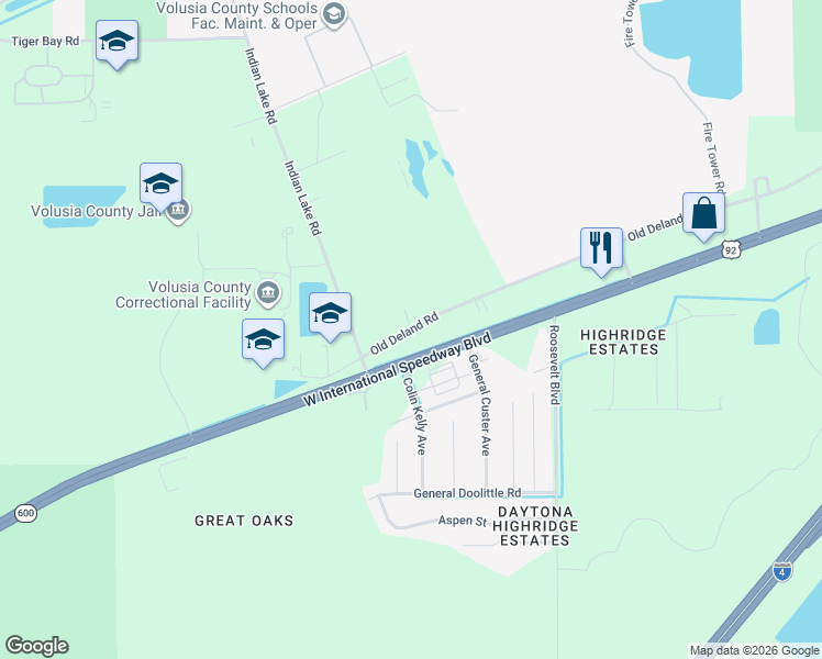 map of restaurants, bars, coffee shops, grocery stores, and more near 3776 West International Speedway Boulevard in Daytona Beach