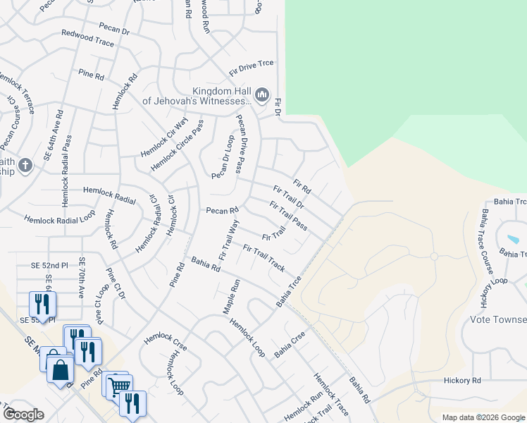 map of restaurants, bars, coffee shops, grocery stores, and more near 9 Fir Trail Course in Ocala