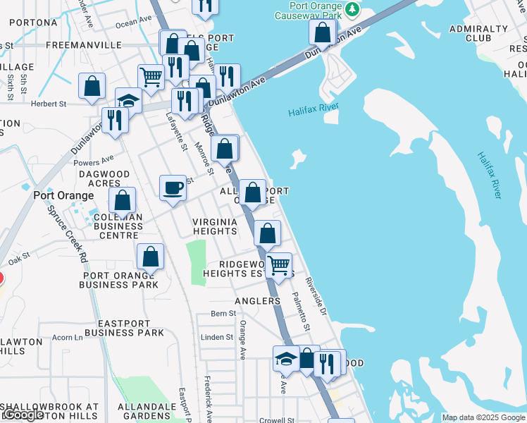 map of restaurants, bars, coffee shops, grocery stores, and more near 112 Fox Place in Port Orange