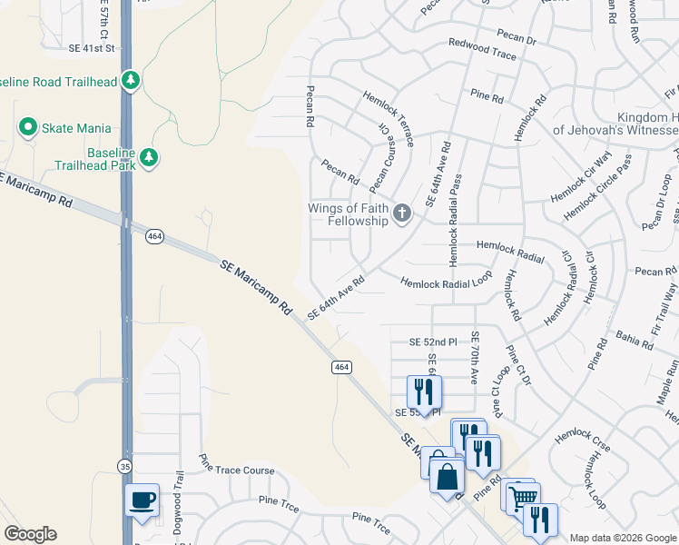 map of restaurants, bars, coffee shops, grocery stores, and more near 6 Pecan Course Circle in Ocala