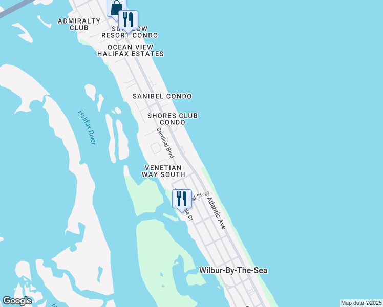 map of restaurants, bars, coffee shops, grocery stores, and more near 3865 South Atlantic Avenue in Daytona Beach