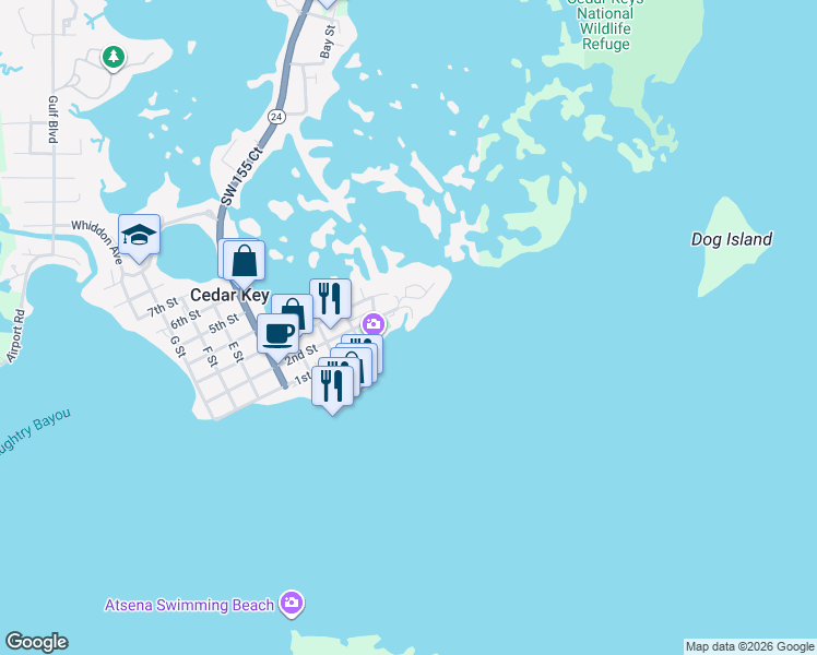 map of restaurants, bars, coffee shops, grocery stores, and more near 52 2nd Street in Cedar Key
