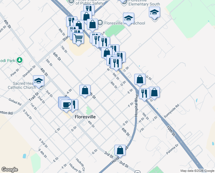 map of restaurants, bars, coffee shops, grocery stores, and more near 1510 C Street in Floresville