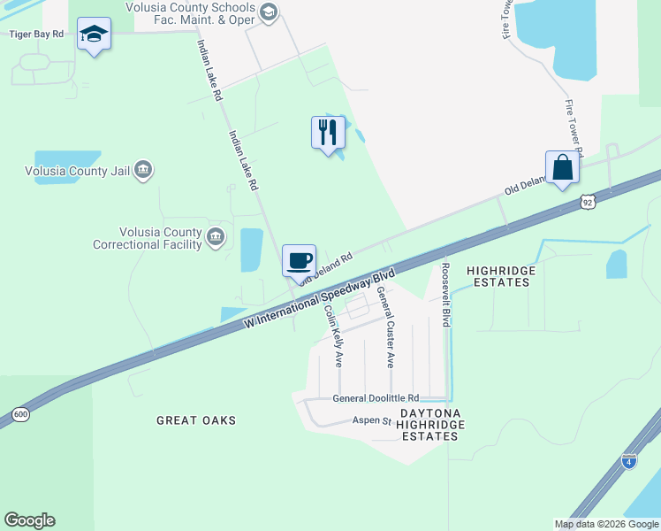map of restaurants, bars, coffee shops, grocery stores, and more near 3776 West International Speedway Boulevard in Daytona Beach