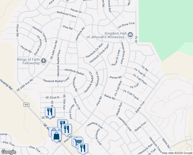 map of restaurants, bars, coffee shops, grocery stores, and more near 27 Hemlock Radial Circle in Ocala
