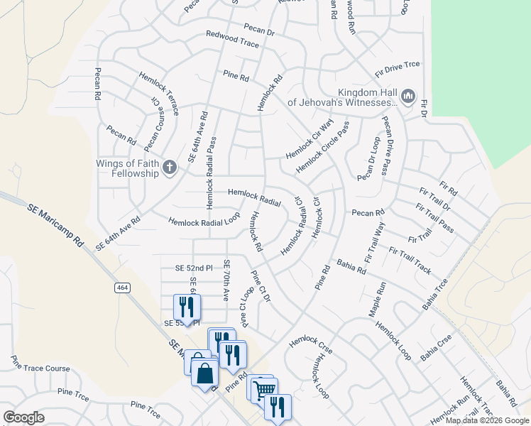 map of restaurants, bars, coffee shops, grocery stores, and more near 6735 Hemlock Road in Ocala