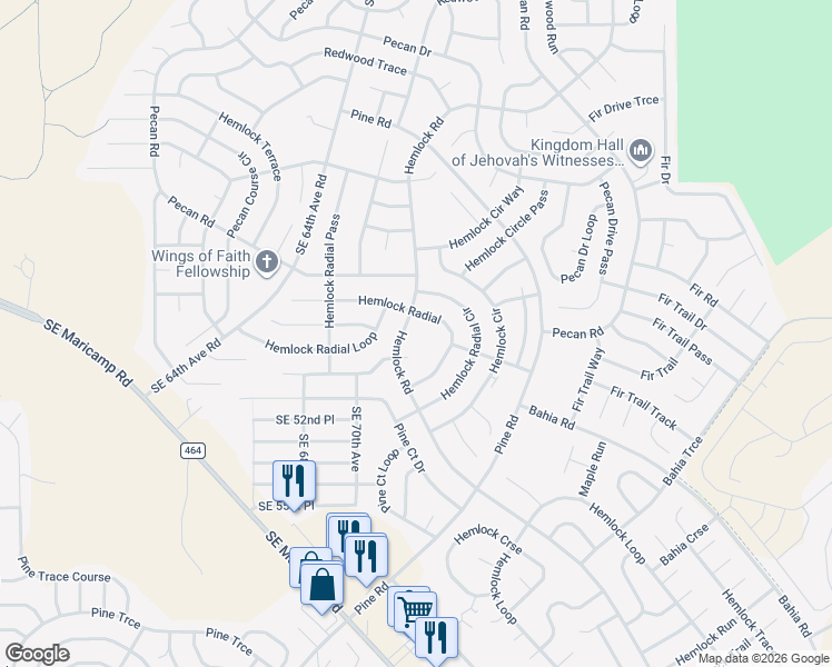 map of restaurants, bars, coffee shops, grocery stores, and more near 6735 Hemlock Road in Ocala