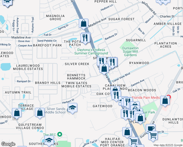 map of restaurants, bars, coffee shops, grocery stores, and more near 1101 Silver Creek Run in Port Orange