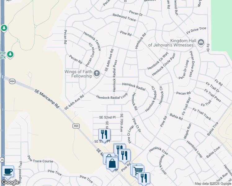 map of restaurants, bars, coffee shops, grocery stores, and more near 24 Hemlock Radial Court in Ocala