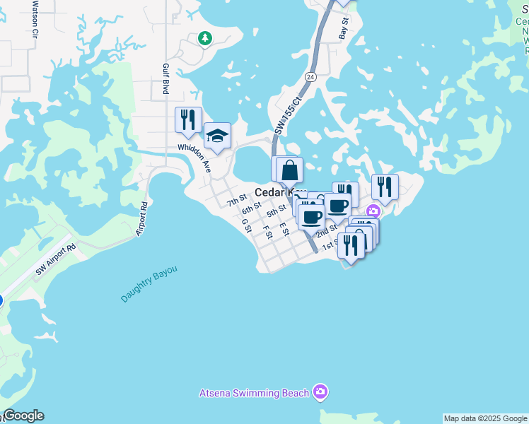 map of restaurants, bars, coffee shops, grocery stores, and more near 5040 E Street in Cedar Key