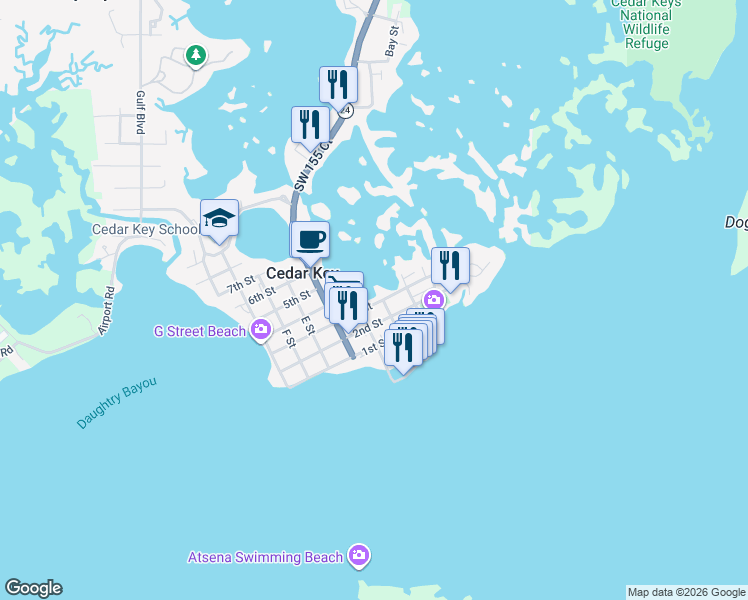 map of restaurants, bars, coffee shops, grocery stores, and more near 509 3rd Street in Cedar Key