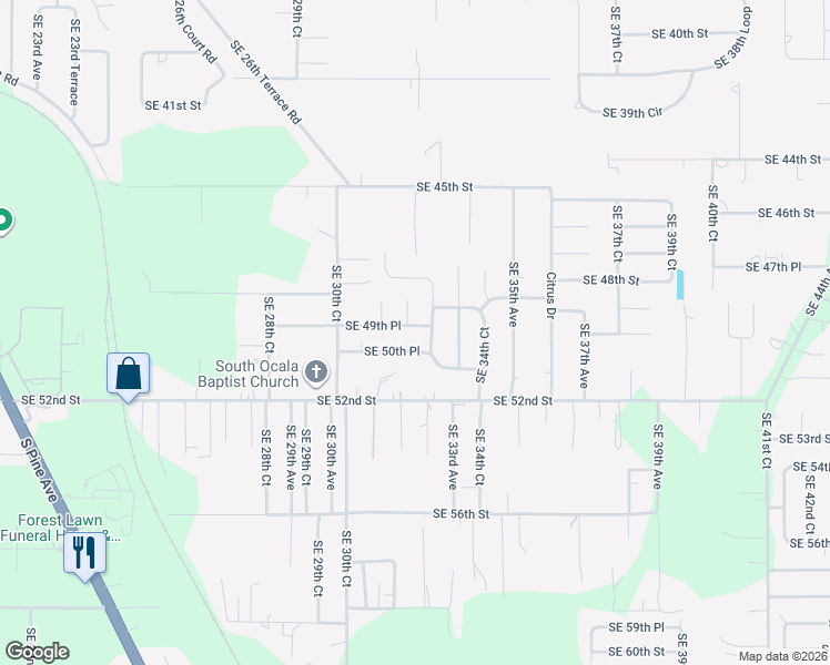 map of restaurants, bars, coffee shops, grocery stores, and more near 4994 Southeast 33rd Avenue in Ocala