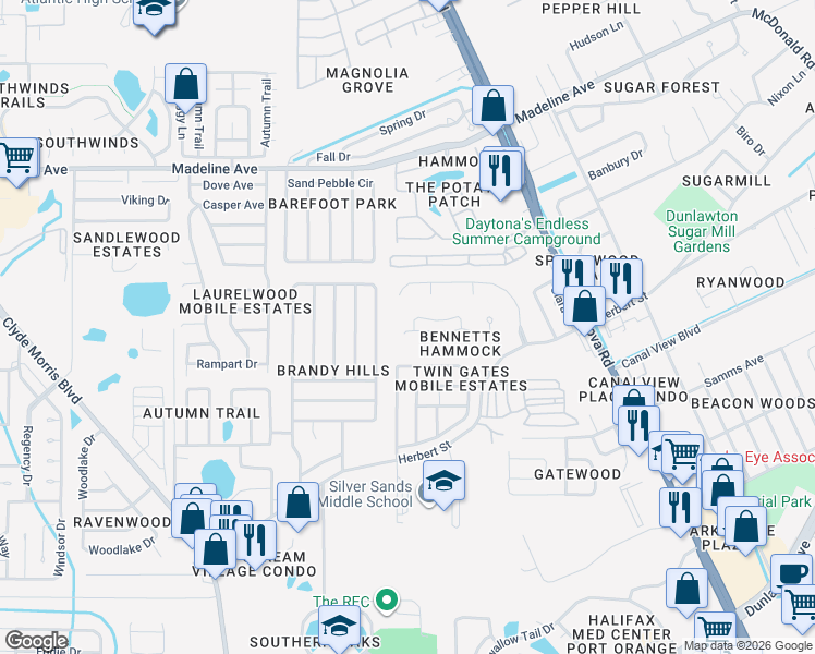 map of restaurants, bars, coffee shops, grocery stores, and more near 1150 Meditation Loop in Port Orange