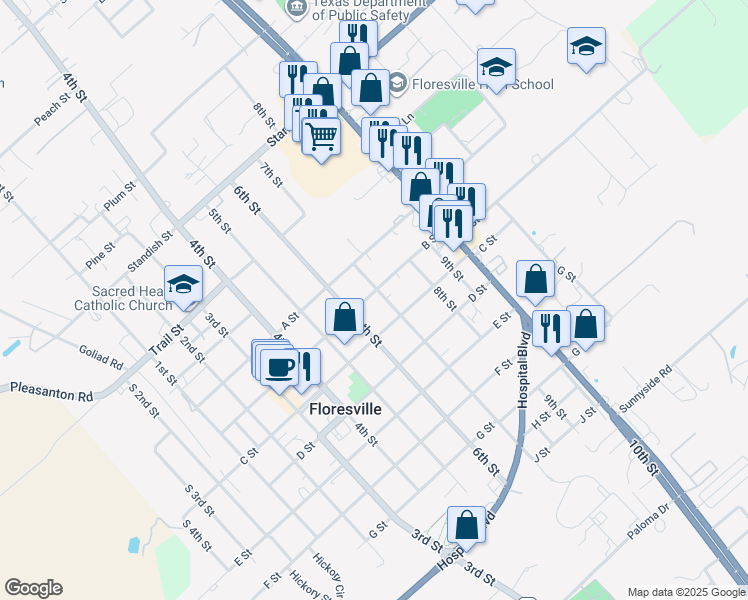 map of restaurants, bars, coffee shops, grocery stores, and more near 1406 B Street in Floresville