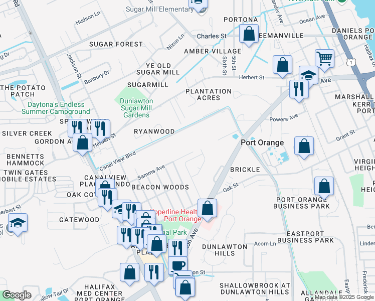 map of restaurants, bars, coffee shops, grocery stores, and more near 873 Samms Avenue in Port Orange