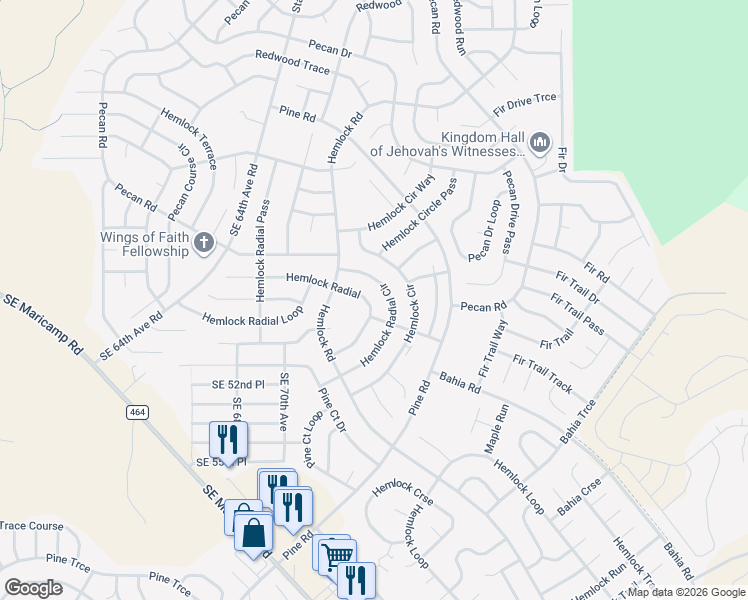 map of restaurants, bars, coffee shops, grocery stores, and more near 52 Hemlock Radial in Ocala