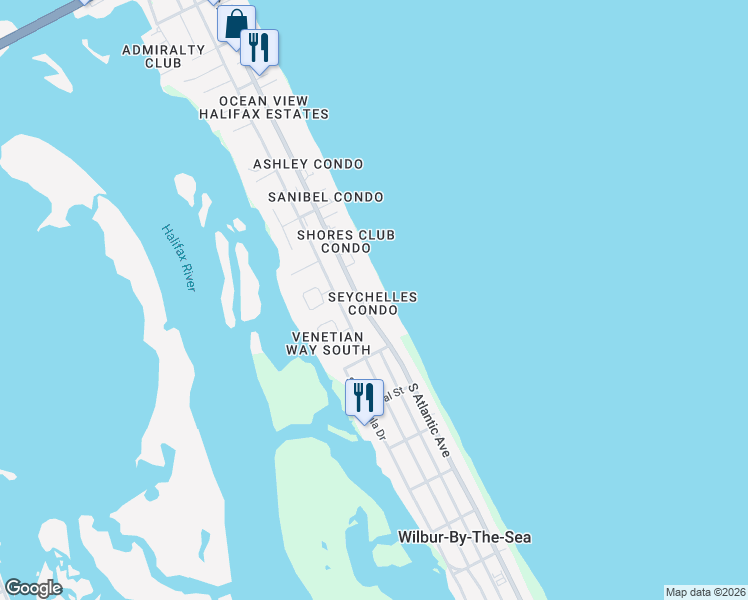 map of restaurants, bars, coffee shops, grocery stores, and more near 3865 South Atlantic Avenue in Daytona Beach