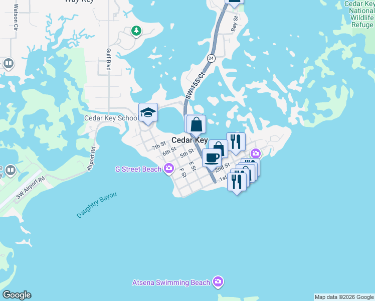 map of restaurants, bars, coffee shops, grocery stores, and more near 5040 E Street in Cedar Key