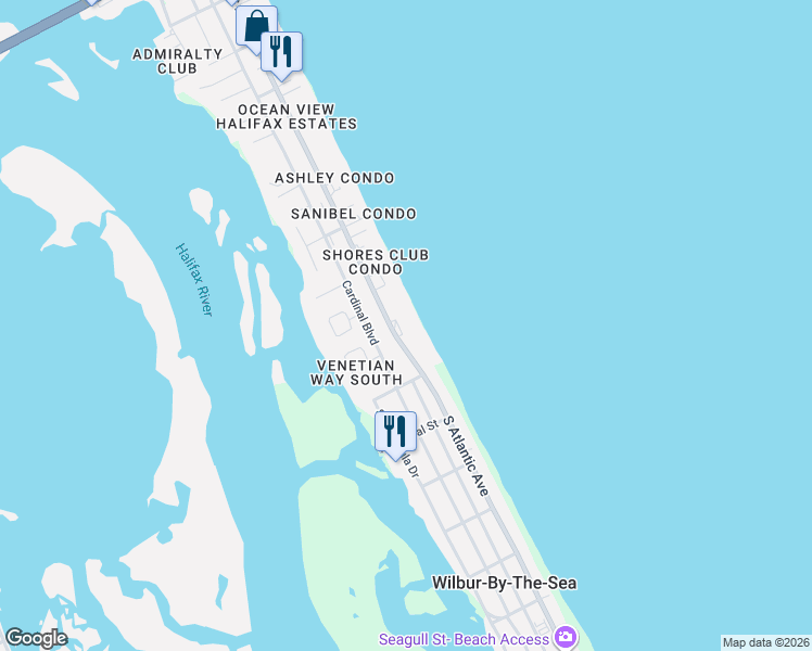 map of restaurants, bars, coffee shops, grocery stores, and more near 3855 South Atlantic Avenue in Daytona Beach Shores