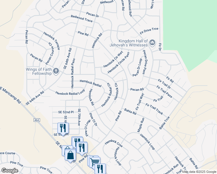 map of restaurants, bars, coffee shops, grocery stores, and more near 22 Hemlock Radial Circle in Ocala